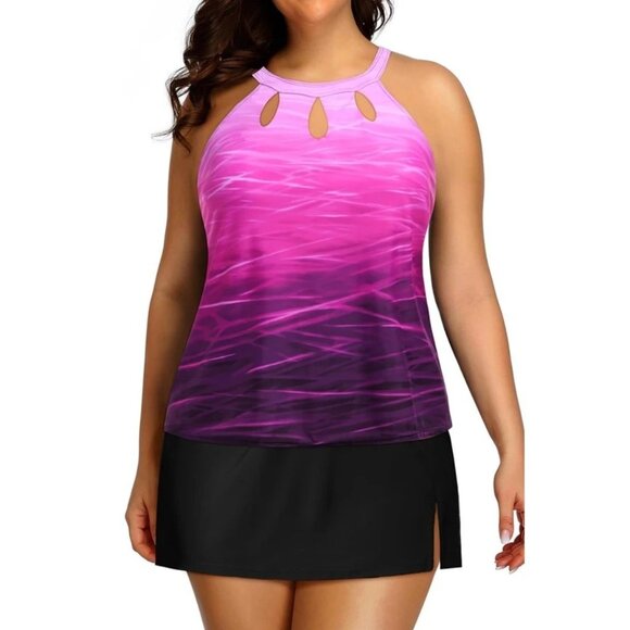 Yonique Plus Size 22W Swimsuit Tankini Skirt Set High Neck Three Keyhole Design - Picture 3 of 8